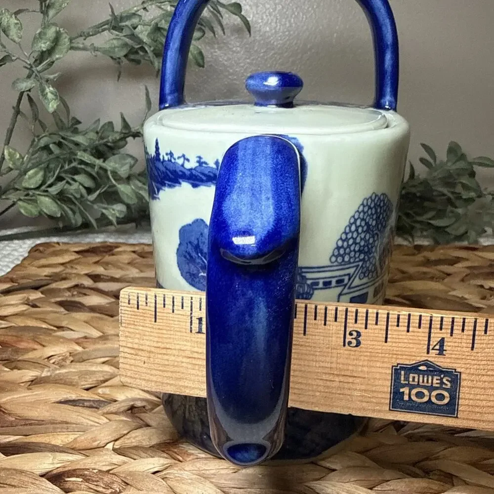 Victoria Blue White Ironstone Teapot Chinoiserie Landscape Handle 10.5” Vintage